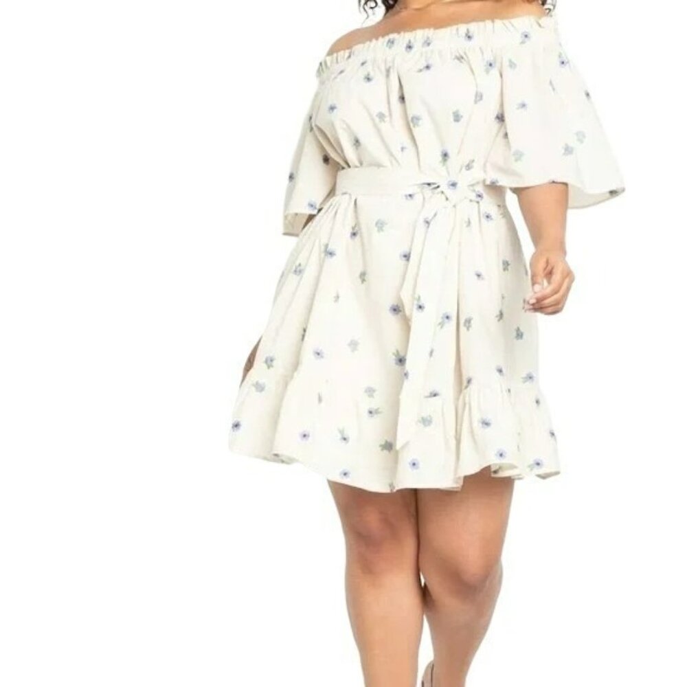 Eloquii Womens Beige Blue Embroidered Floral Off Shoulder Belted Dress 22 / 24